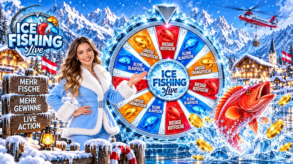 Ice Fishing Moderatorin neben dem Rad mit kleinen Blaufischen, großen Orangefischen und riesigen Rotfischen